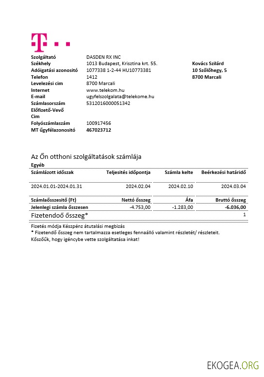Modèle de facture de services publics hongrois Magyartel aux formats Word et PDF, entièrement modifiable